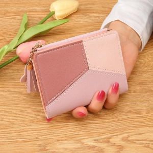 HUED-Mode femmes portefeuille fermeture &eacute;clair porte-monnaie dame courte pochette sac &agrave; main Patchwork en cuir femme porte-carte portefeuille t&eacute;l&eacute;phone pochette-Pink-Short - Neuf