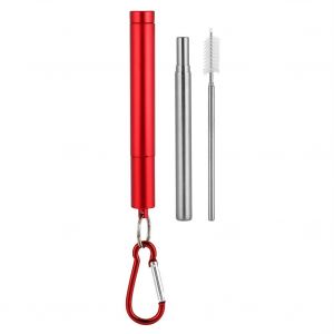 Hjlian Kit De Pailles Retractables Portables En Acier Inoxydable (Paille En Aluminium Rouge + Mousqueton A Brosse) - Neuf