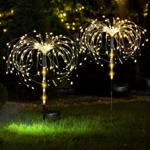 SANSH-¿2 Pack¿ 120 LED Feux d'Artifice Solaires, Lampe Solaire Exterieur avec piquets lumineux 2 modes décorations de jardin Starburst Fairy Lights pour Jardin, Terrasse, patio, mariage (Blanc chaud) - Neuf