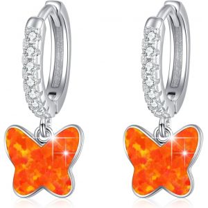 Chenquansarl-Boucles D'oreilles Créoles Papillon En Argent Sterling 925 Avec Opale Orange - Hypoallergéniques - Pour Femme, Femme, Enfant, Fille, Épouse - Neuf