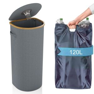 120l Poubelle Grise Recycl&eacute;e Pour La Cuisine,Int&eacute;rieur & Ext&eacute;rieur,Grande Poubelle Recycl&eacute;e Avec Couvercle,32-Gallons-Tall Kitchen Trash Can,Poubelle Pour D&eacute;chets Et Bouteilles - Neuf
