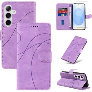 KWEX-Coque pour Samsung Galaxy S25 5G avec 1 Pièce Protection Écran en Verre Trempé, Housse PU Cuir à Rabat Flip, Étui Support et Portefeuille Fonction (Violet) - Neuf
