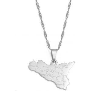 Kal-Italie Sicile Contour Carte Pendentif Collier - Pays Villes Nom Imprimer Charme Chaîne Patriotique Dainty Bijoux, Style Ethnique Italien Hip-Hop Femmes Hommes Unisexe Cadeaux,Blanc,Taille Unique - Neuf