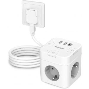 Cube de prise 6 en 1 avec USB C, 3 prises, prise plate avec interrupteur individuel, multiprise cube avec câble de 2 m, 1 multiprise USB de type C pour bureau, maison, voyage (blanc) - Neuf