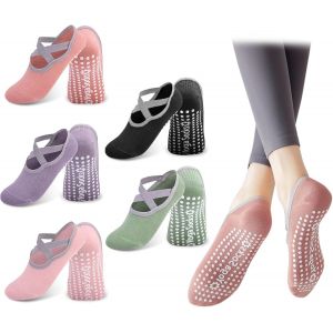 Chaussettes Yoga Antid&eacute;rapantes Femme, 5 Paires De Chaussettes Pilates Femme Avec Sangles, Pour Le Pilates, Le Ballet, La Barre, L'entra&icirc;nement Pieds Nus, La Danse, Le Fitness - Neuf