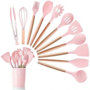 Juyilsu Lot De 12 Ustensiles De Cuisine En Silicone Antiadh&eacute;sifs, R&eacute;sistants &Agrave; La Chaleur, Avec Poign&eacute;e En Bois, Rose - Neuf