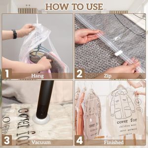 SJZG-4 Pcs Sacs De Rangement Sous Vide Suspendus Pour V&ecirc;tements, 135X70Cm + 110X70Cm Sacs De Rangement Sous Vide, Rangement Sous Vide Pour V&ecirc;tements, Costumes, Robes, Manteaux Ou Vestes, R&eacute;utilisable - Neuf