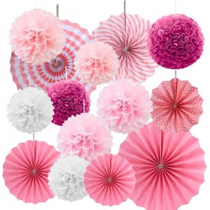 MEVRONISSHOP-14 Pi&egrave;ces D&eacute;coration de Pompons Rose, Boule &agrave; Pompom Papier, Eventail Boule Nid d'abeille Suspendre D&eacute;coration, pour Mariage, Festival, Carnaval, F&ecirc;te, Anniversaire - Neuf