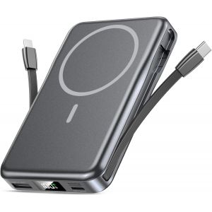 Hui-Batterie Externe 10000mah,Magnetique Power Bank Compatible Avec Magsafe,Pd 20w Chargeur Portable Avec Câbles Intégrés,Sans Fil Powerbank Pour Iphone 16/15/14/13 Pro Max Série-Gris Foncé - Neuf