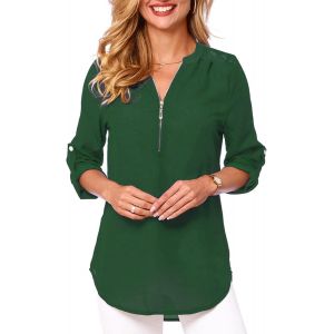 Utigh-Chemisier Pour Femme Avec Col En V Chemises Chic Elégant T-Shirt À Manches Longues Blouses Blanche 3/4 Tunique Manches Enroulables Hauts Décontractés - Neuf