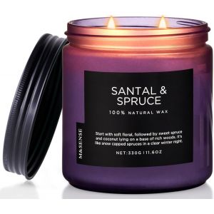 SANSH-Bougie parfumée Santal Épicéa, 320g Bougie en cire de soja naturelle, jusqu'à 70 heures, 2 mèches en coton, Bougie boisée Cadeau de pendaison de crémaillère pour Yoga Spa - Neuf