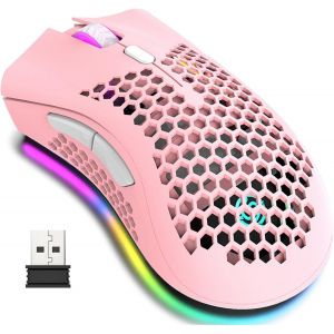 Souris de jeu optique sans fil avec coque creuse en nid d'abeille, éclairage coloré, rechargeable, 3 DPI réglables, clic silencieux, pour gamer, ordinateur, bureau (rose) - Neuf