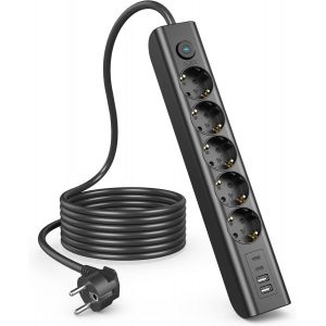 Multiprise 9 en 1 avec USB, 3680 W, avec interrupteur, multiprise 16 A avec 2 ports USB C, montage mural, pour cuisine, bureau, c&acirc;ble de 1,8 m - Neuf