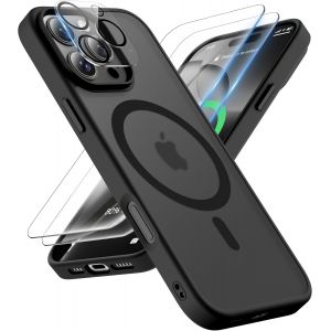 Kal-Coque Pour Iphone 16 Pro Max Avec 2 Verre Trempé Et 1 Caméra Protecteur, Translucide Mat Arrière Housse Fine Antichoc Pour Iphone 16 Pro Max Case Compatible Avec Mag-Safe 6.9"" Noir - Neuf