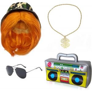 Trahoo-5 Pcs Accessoires De Costume Hip Hop Des Années 80/90 Perruque Homme Chapeau Seau Gonflable Boom Box Collier Lunettes De Soleil Rappeur Rock Hippie Accessoires Pour Fête Carnaval - Neuf