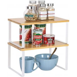 Chenquansarl-Organisateur De Placard Lot De 2, Étagères De Cuisine, Étagère À Épices, Extensibles Et Empilables, Étagères De Rangement En Bois Pour Placard Comptoir, Naturel Et Blanc - Neuf