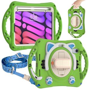 Coque En Silicone Antichoc Pour Ipad Mini 6 / Mini 2024 - Chat Roi Mignon Avec Support, Bandoulière Et Poignée - Vert - Neuf
