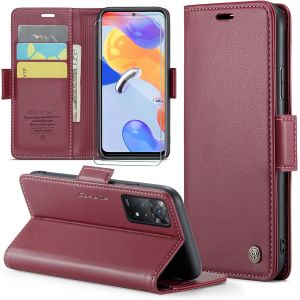 Kal-Coque Pour Xiaomi Redmi Note 11 Pro/11 Pro 5g+ 2 Pi&egrave;ces Verre Tremp&eacute;,Antivol,Prend En Charge Le Chargement Sans Fil, Pochette Fermeture Magn&eacute;tique Flip Case-Bourgogne - Neuf