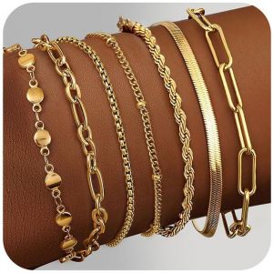 7 X Women's 14k Gold Plated Adjustable Chain Bracelets Stainless Steel Snake Chain Stackable Bracelets Fantasy Bracelets Women's Silver Gold Rose Gold - Neuf