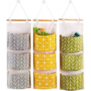 Sacs de rangement muraux 3 pièces,sacs de rangement en coton et lin avec 3 poches,organisateur suspendu - Neuf