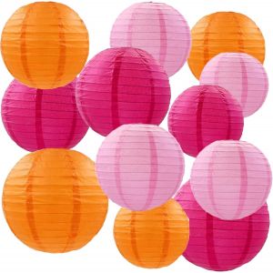 CAUC-12pcs Lanterne en Papier Rose et Orange, Lanterne en Papier Orange Rose lanternes en Papier Rond pour l'anniversaire, Mariage, décoration de Plafond de fête de Douche pour bébé - Neuf