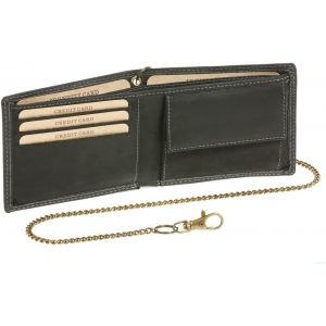 Biker Portefeuille Pour Homme Et Femme Tr&egrave;s Mince Avec La Cha&icirc;ne Vintage-Style Format Paysage, Cuir V&eacute;ritable, Noir - ''Leas Chain-Series - Neuf