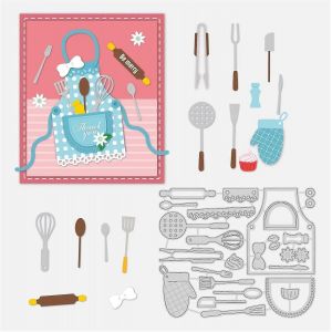 Pochoirs de decoration en metal pour gaufrage, theme cuisine, tabliers et vaisselle, matrices de decoupe, pochoir pour bricolage, carte en papier, scrapbooking, gaufrage, epaisseur 0,8 mm, 11 x 13 cm - Neuf