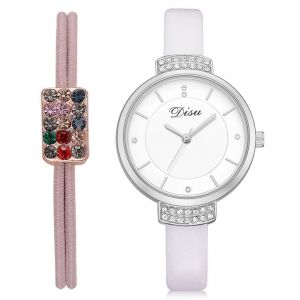 Disu Strass Casual Pu Strap Quartz Analogique Montre-Bracelet + Anneau De Cheveux (Blanc) - Neuf