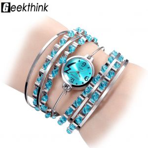 Montre Analogique A Quartz Geekthink, Bracelet Jonc Ouvert, Boitier Rond En Acier, Bleu - Neuf