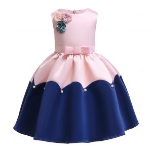 Robe De Princesse Plissee Sans Manches Pour Bebe Fille, Avec Noud Et Fleurs, Jupe Trapeze Pour Enfant (Bleu Fonce, 100) - Neuf
