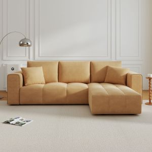 Canap&eacute; d'angle convertible 4 places avec coffre en velours jaune BRIGHTON - Neuf
