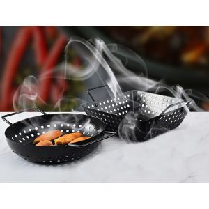 Lot de 2 paniers &agrave; griller antiadh&eacute;sifs perfor&eacute;s avec poign&eacute;e pour barbecue - Neuf