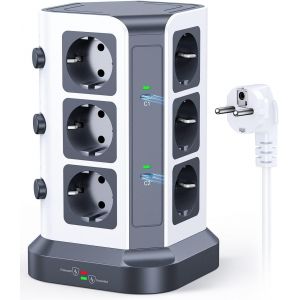 Bloc multiprise 12 prises avec protection contre les surtensions, avec 2 ports PD multiprise, prend en charge PD3.0/PPS, tour de prise avec 3 USB A (3680 W/16 A), id&eacute;ale pour le bureau, la - Neuf