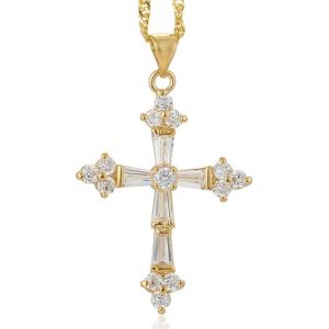 Kal-Croix Pendentif Avec 18"" Chaîne & Trapezoid Cut Cz [5 Couleurs Disponibles] En Plaqué Or Jaune,Simple Moderne Élégant - Neuf