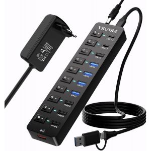 Hub Usb 3.2 Alimenté 11 Ports Usb 3.2 Avec 10 Gbps Usb-A 3.2 Et Usb-C 3.2, 4 Ports Usb 3.0, 4 Ports Charge Rapide, Hub Usb C Avec 120 Cm 2-En-1 Câble De Données Et Adaptateur Secteur 48 W[Z1442] - Neuf