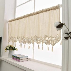 TIANYI-Choicehot Rideau de fenêtre en coton et lin ¿ Demi-rideau de style rustique rétro avec pompons faits à la main au crochet pour cuisine, café 45 x 150 cm - Neuf