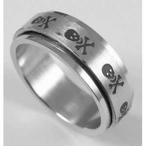 Bague Tournante - T&ecirc;te De Mort - Acier - Skull And Bones - Anneau &Oslash; 21 Mm - Anti-Stress Style Punk Rock Gothique Biker Sons Of Anarchy West Coast Choppers Harley - Argent&eacute;e - Neuf