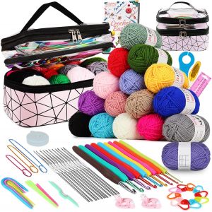 Mevronisshop-Kit Crochet Debutant Complet, Kit De Crochet Avec 16 Pelotes De Laine, 2 Types De Crochets 0,6-6,0mm, Sac Pour Ranger Accessoires De Crochet Tricot, Cadeau Pour Fille, Famille, Amis - Ro - Neuf