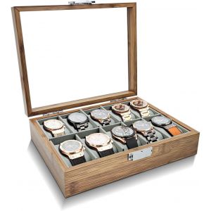 Kal-Boite A Montre 10 Slots, Boite Rangement Montre Avec Oreiller Amovible, Etui Montre D'affichage Vintage, Coffret Montre Avec Couvercle En Verre(10 Emplacements) - Neuf