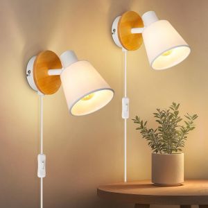 Lot De 2 Led Applique Murale Bois,Blanc Luminaire Mural Interieur Avec Interrupteur Et Prise,R&eacute;glable Lampe R&eacute;tro Industrielle E14,Chambre,Salon,Couloir,Ampoule Non Incluse - Neuf