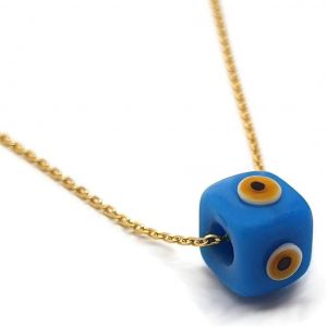 Kal-By Dalia - Collier En Forme De Cube En Verre Bleu Pour La Bonne Chance - Chaîne En Argent Sterling 925 Avec Plaqué Or - Neuf