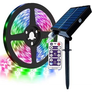 Bande Led Solaire D'extérieur Étanche À Intensité Variable Avec Télécommande,Minuterie,Port De Charge Usb,Autocollant,Décoration (Multicolore,5 M,150 Led) - Neuf