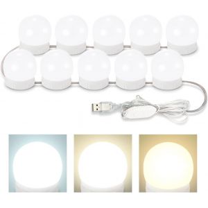 Lumière de Miroir,10 Ampoules Hollywood Kit de Lumière LED Dimmable Lampe pour Miroir Cosmétique Salle de Bain 3 Couleurs 10 Niveaux de Luminosité (Miroir Non Inclus) - Neuf