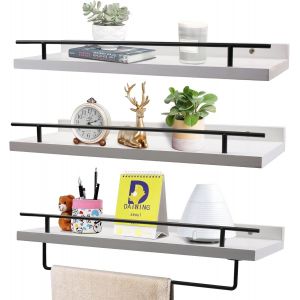 Étagère Murale En Bois - Charge Maximale : 20 Kg - Blanc - Avec Porte-Serviettes - 3 Étagères Avec 5 Crochets - Étagère Flottante De 40 Cm - Étagère Murale Pour Salle De Bain, Cuisine, Chambre - Neuf