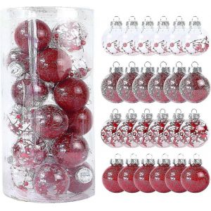 24pcs Jour De No&euml;l, D&eacute;coration De 6cm/2.36"" En Plastique De Couleur Transparente Balle De Set Incassable Peint Balle De Set &Agrave; La Maison Arbre De No&euml;l Pendentif Vacances Fournitures (Rouge - Neuf