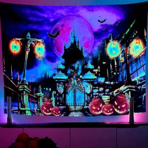 Tapisserie murale 150 x 200 cm, motif château d'Halloween, lumière noire, style bohème, décoration murale réactive aux UV, tapisserie esthétique - Neuf