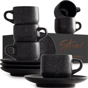 Mevronisshop-Design Tasses &Agrave; Caf&eacute; (6x80ml) - Ensemble De Tasses Expresso Avec Soucoupes Assorties - Tasses &Agrave; Expresso 100% Artisanales - Tasses &Agrave; Caf&eacute; Empilables - Service A Cafe En Noir - Neuf