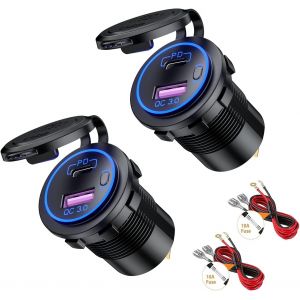 JGD-Prise de Chargeur Voiture USB C 36W QC3.0 et PD avec Indicateur LED Interrupteur &Eacute;tanche pour 12V-24V Voitures Bateaux Moto 2 Pi&egrave;ces - Neuf