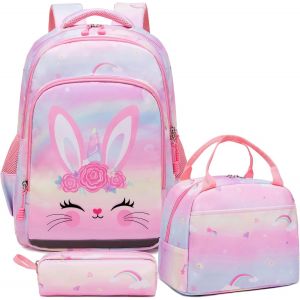 Cartable Fille Primaire Lapin,Sac à Dos Lapin Enfant Sets de Sacs Scolaires Fille Primaire CE1 CE2 + Isotherme Panier Repas + Trousse - Neuf