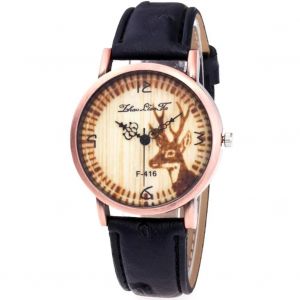 Zhoulianfa Cerf Motif Rond Cadran Pu Bracelet En Cuir Montre D&eacute;contract&eacute;e Pour Femme (Noir) - Neuf